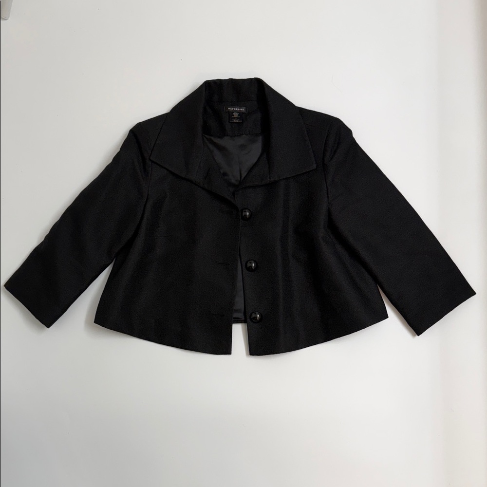 Natori Cropped Black Blazer Size 4 Cotton Wool‎ Silk Structured Chic